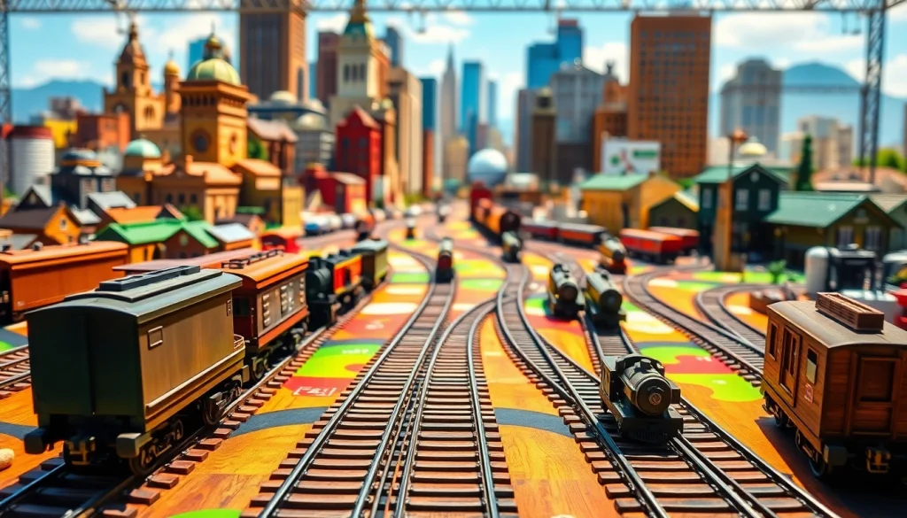 Engage with the railroad tycoon download featuring an illustrated game board and vibrant trains.