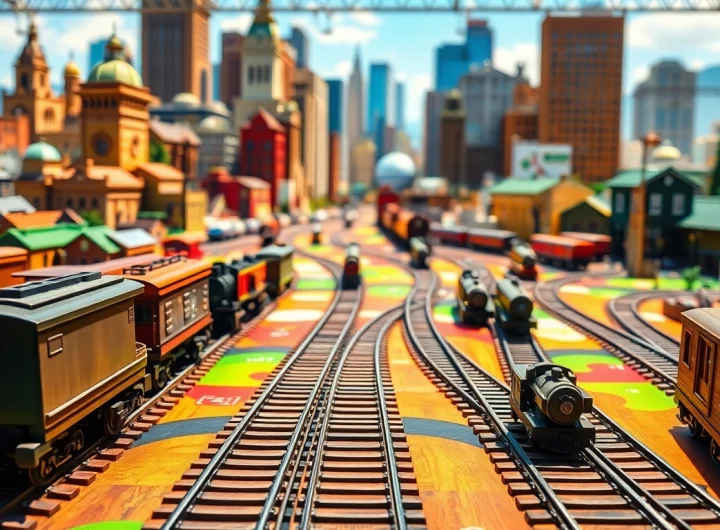 Engage with the railroad tycoon download featuring an illustrated game board and vibrant trains.