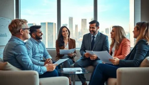 Meet professional team of direct home buyers discussing real estate strategies in an office setting.