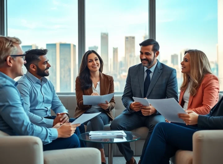 Meet professional team of direct home buyers discussing real estate strategies in an office setting.
