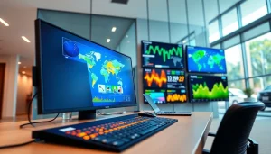 Showcasing multi-screen digital signage management in action with sleek displays and colorful graphics.