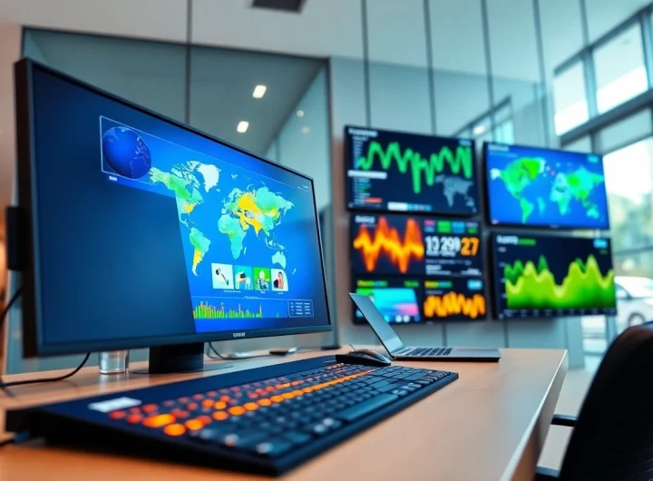 Showcasing multi-screen digital signage management in action with sleek displays and colorful graphics.
