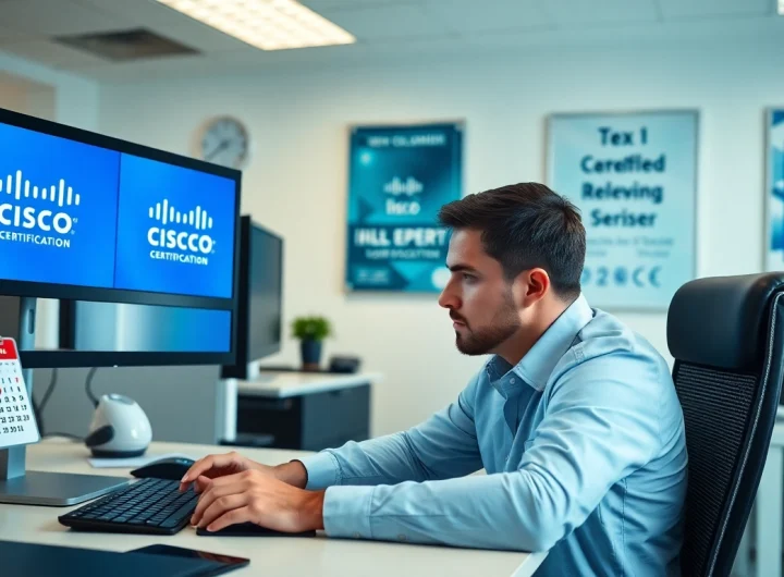 Renew Cisco Certification process illustrated with an IT expert focused on study materials.