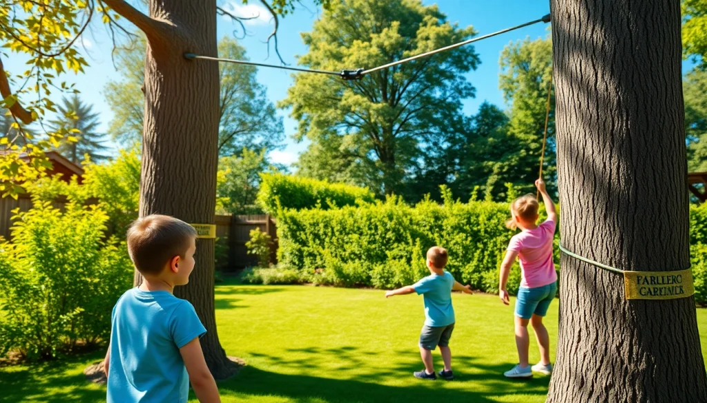 Engaging children using a GARDEN ZIP WIRE KIT in a colorful backyard.