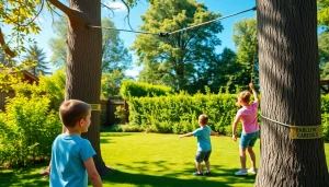 Engaging children using a GARDEN ZIP WIRE KIT in a colorful backyard.