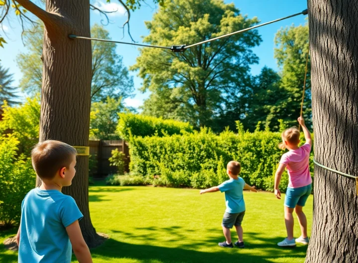 Engaging children using a GARDEN ZIP WIRE KIT in a colorful backyard.