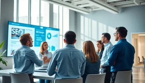 Showcasing a professional team working on website design and seo companies in a modern office.