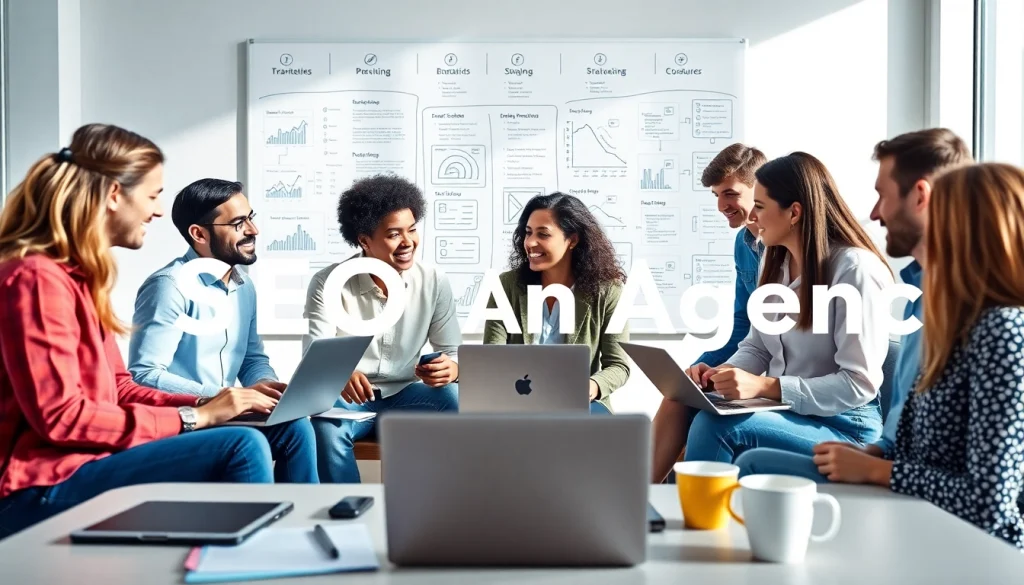 Dynamic SEO Agency team engaging in a brainstorming session in a modern office.