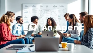 Dynamic SEO Agency team engaging in a brainstorming session in a modern office.