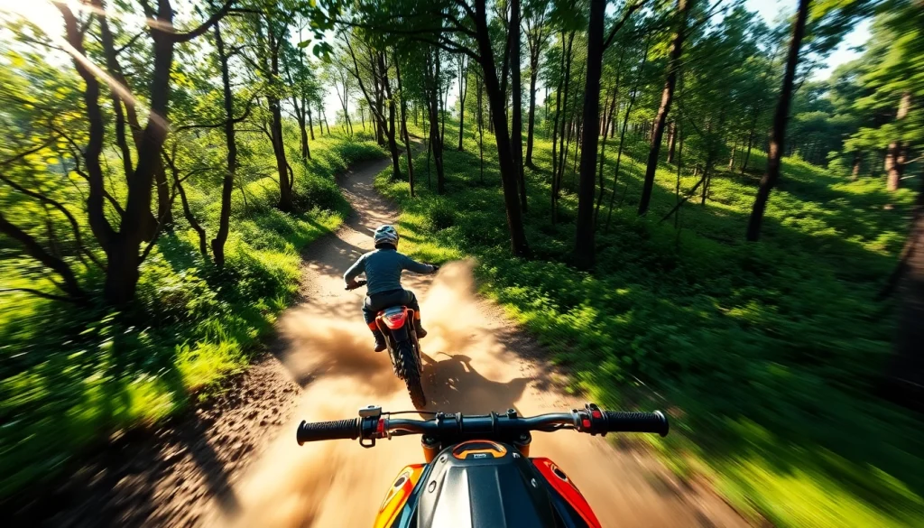 Rider on a motocross trail kicking up dirt in a vibrant forest setting.
