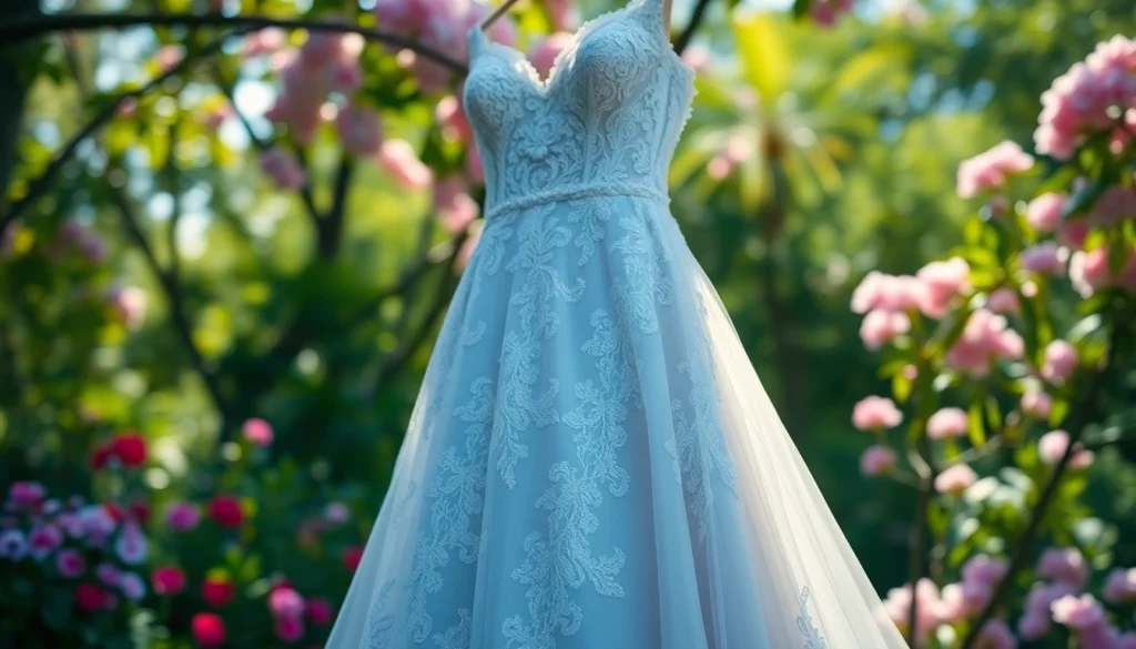 Bridal model showcasing a stunning Coloured Wedding Dresses amidst a floral garden backdrop.