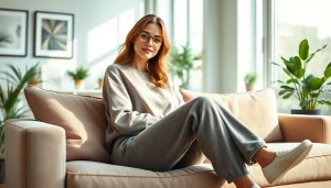 Cozy woman showcasing french terry sweatpants in a modern home environment, emphasizing comfort and style.
