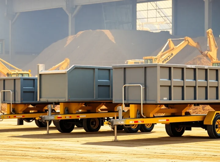 Find hydraulic dump trailers for sale featuring various designs in an industrial setting.