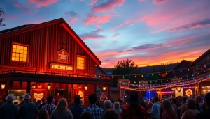 Engaging firelight barn photos capturing a vibrant sunset and lively performances.