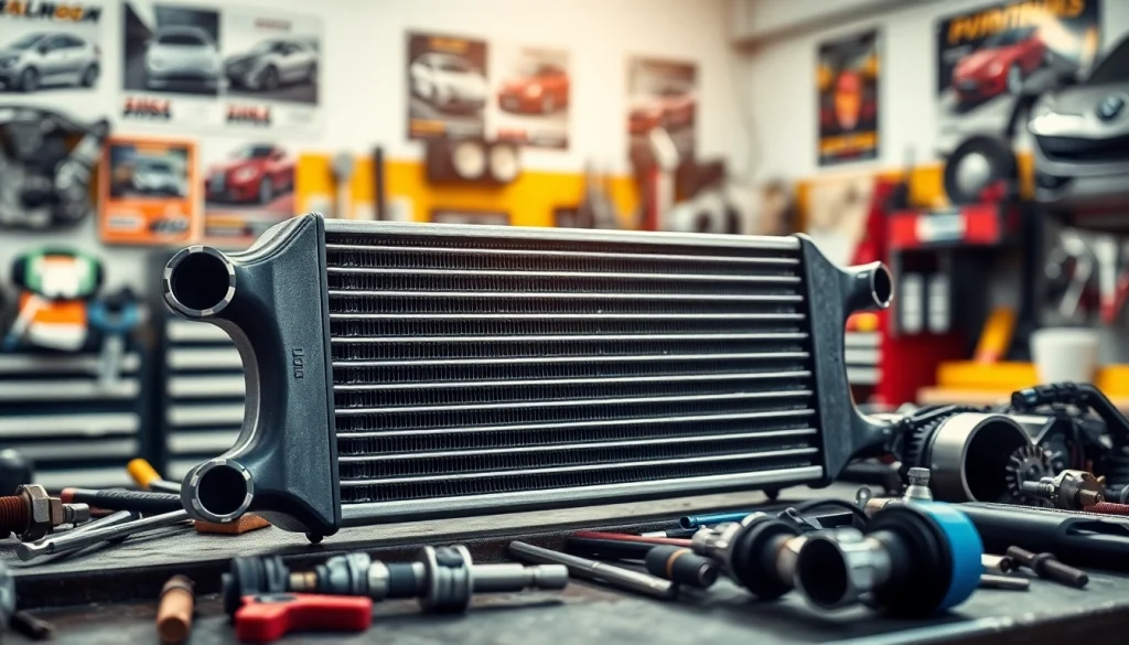 Showcase the f82 intercooler on a workshop bench, highlighting its design and features.