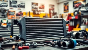 Showcase the f82 intercooler on a workshop bench, highlighting its design and features.