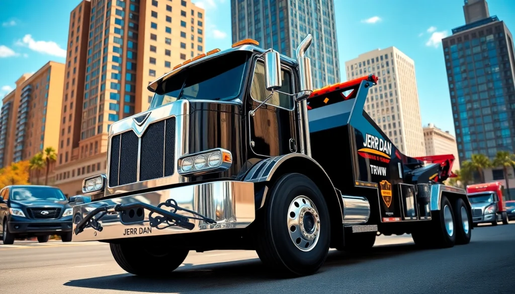 Jerr Dan tow truck showcasing its strength in an urban environment.