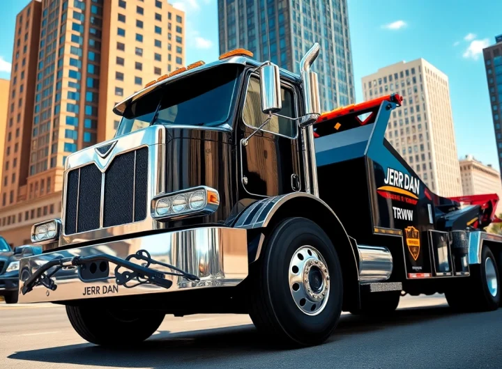Jerr Dan tow truck showcasing its strength in an urban environment.