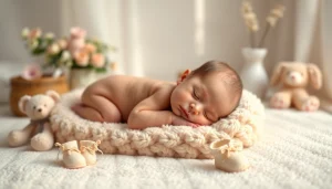 Enhance your newborn photo editing services by showcasing a peaceful baby in a cozy setting.