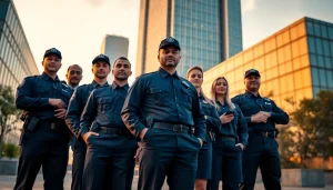 Security officers for hire demonstrating professionalism and readiness in a corporate setting.