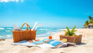 Enjoy beautiful travel packages with a stunning beach picnic setup against blue skies