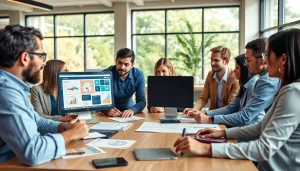 Showcasing a team of seo and web design companies collaborating on a project in a modern office setting.