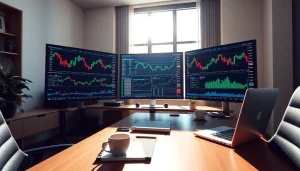 Get the best Forex Signals with a professional trading setup showcasing multiple screens and charts.