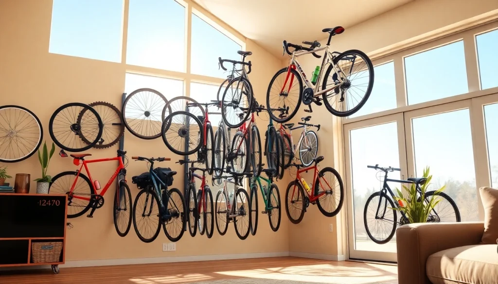 Organized indoor bike storage featuring various bikes in a stylish home environment.