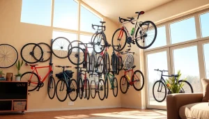 Organized indoor bike storage featuring various bikes in a stylish home environment.