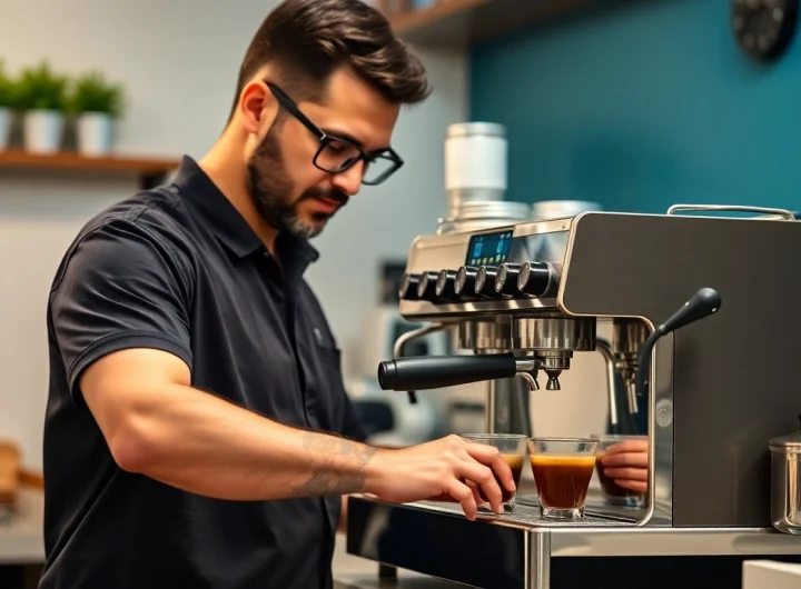 Cimbali tamiri işlemi sırasında, Espresso makinesi ayrıntılı bir şekilde inceleniyor.
