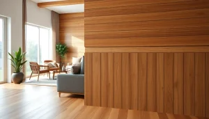 Visual of wood panel walls usa enhancing a cozy modern living room design.