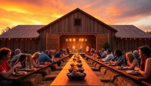 Experience vibrant entertainment at firelightbarn.com with families enjoying BBQ in a beautiful barn setting.