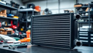 F82 intercooler showcased in a professional automotive workshop for installation.