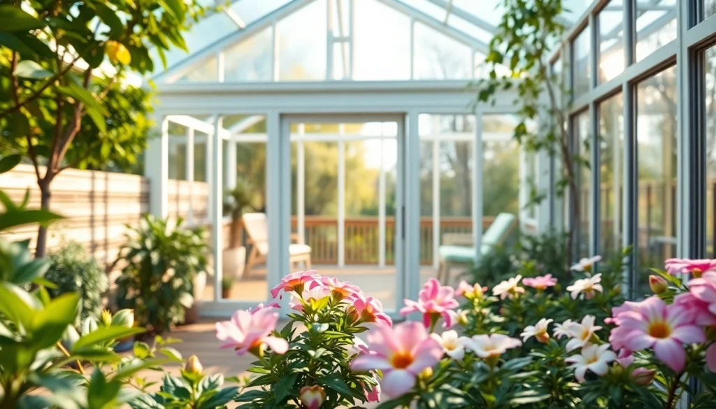 Experience tranquility in a glass greenhouse sunroom surrounded by vibrant garden blooms.