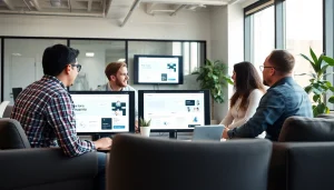Team collaborating on website design in kansas city with vibrant tools and digital displays.