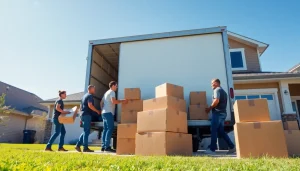 Movers Calgary professionally loading a moving truck outside a modern home, showcasing teamwork and efficiency.