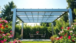Enhance your outdoor space with a stunning modern steel pergola in a vibrant garden setting.