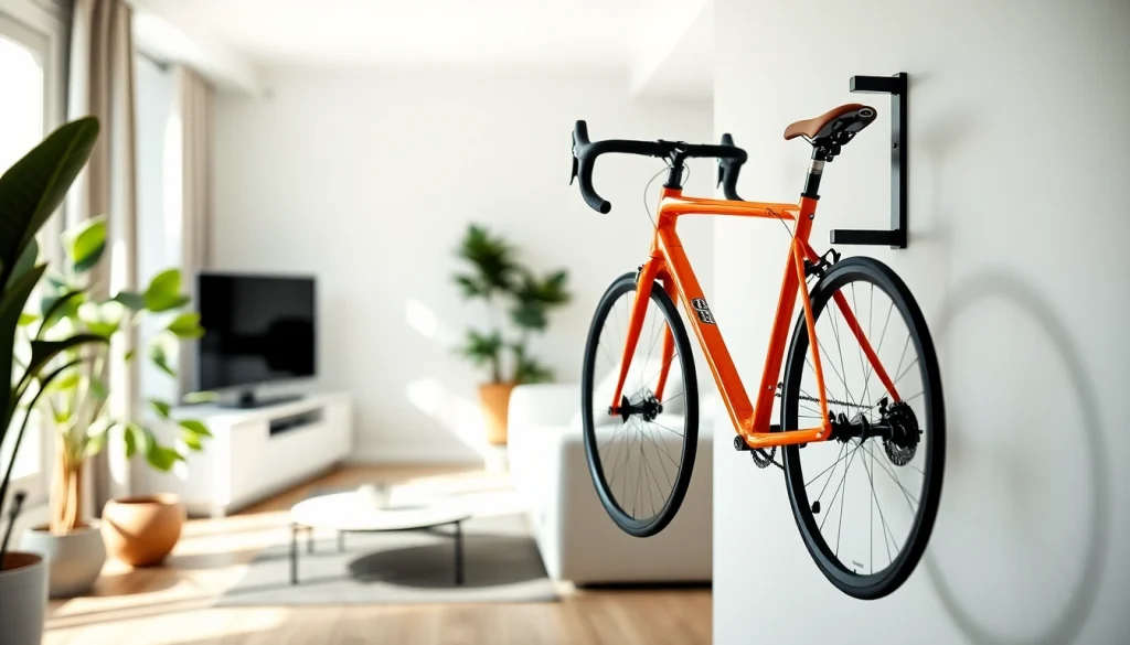 Organized Apartment bike storage with a sleek wall-mounted bike rack in a stylish living room.