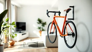Organized Apartment bike storage with a sleek wall-mounted bike rack in a stylish living room.